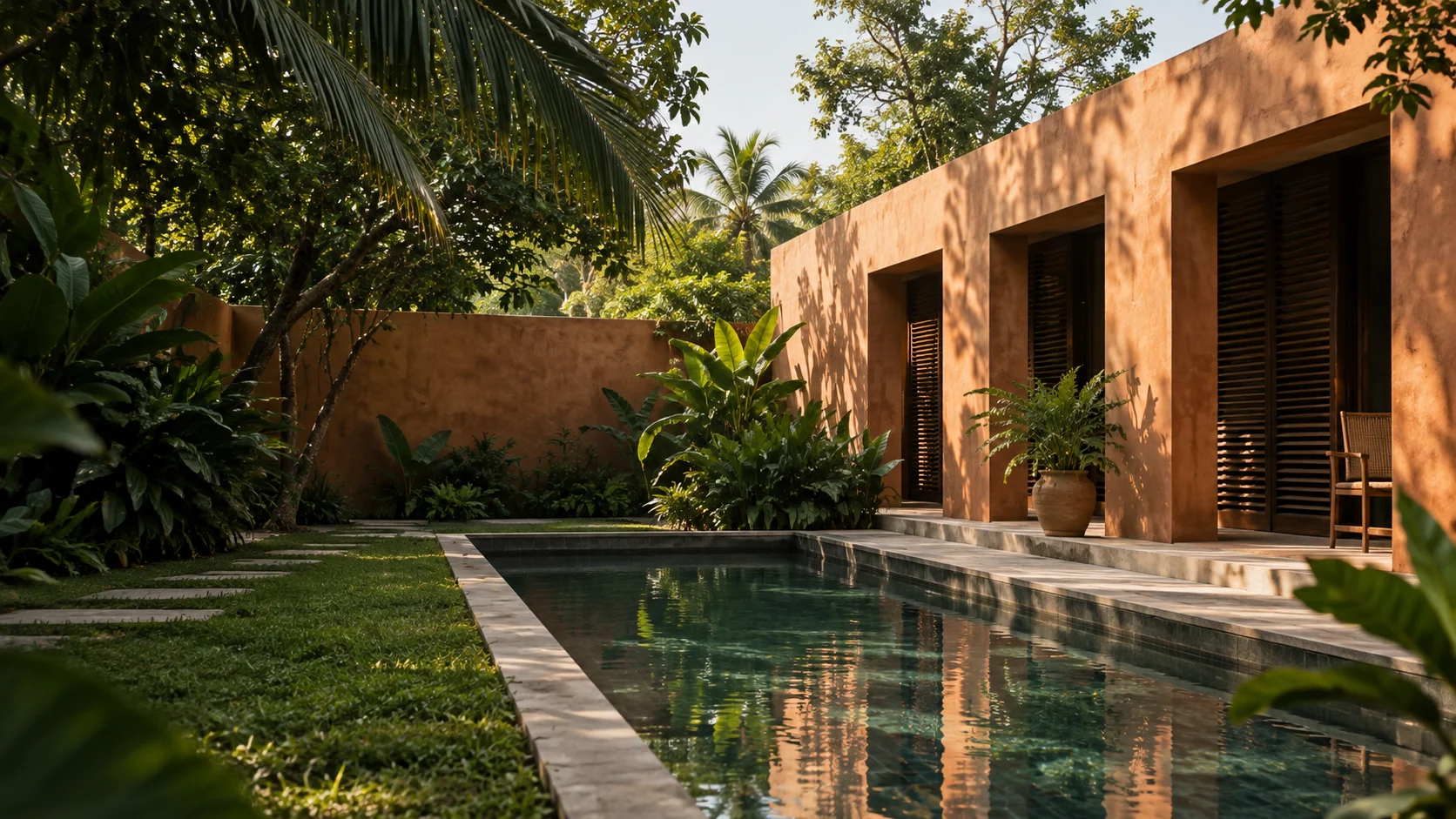 Évocation d’une cour tropicale aux murs de terre cuite et aux volets de bois