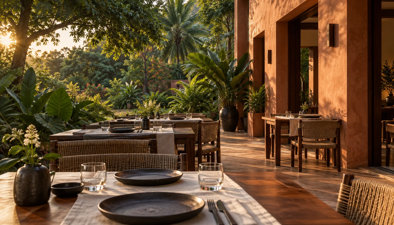 Visuel d’ambiance provisoire : tables dressées, bois sombre et végétation tropicale
